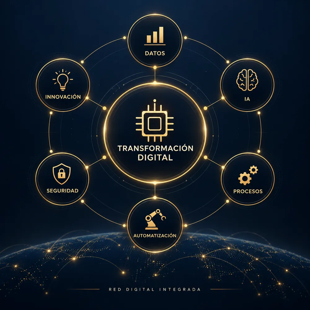 Diagrama de transformación digital con datos, IA, procesos, innovación, automatización y seguridad